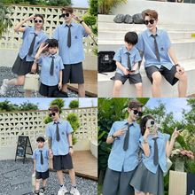 韩国童装夏季一家三口女童学院风条纹短袖衬衫两件套裙裤亲子装潮