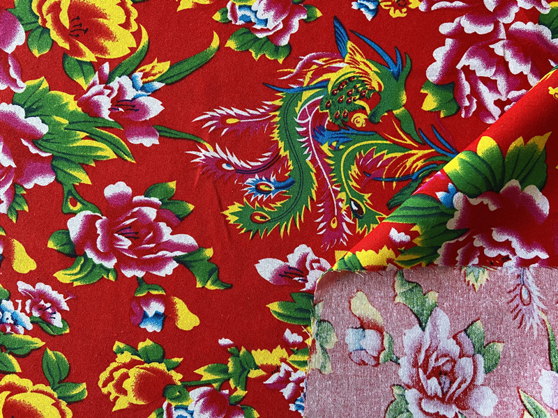 民族风大红花布 凤凰戏牡丹东北大花布 旗袍连衣裙棉麻印花布料