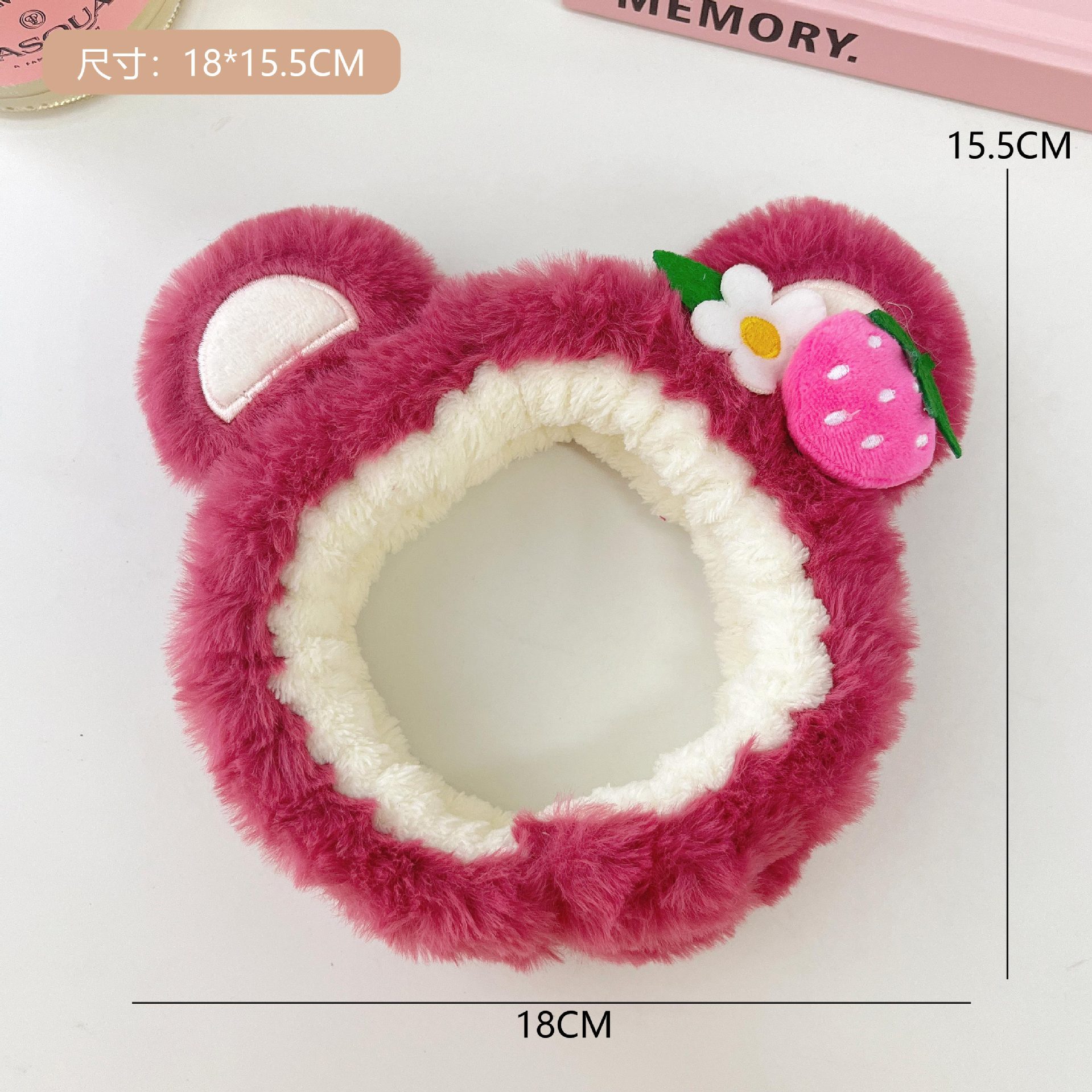 Korean Ins Style Cute Plush Strawberry Bear Headband High-Grade Pink Rose Ears Face Wash Headband Wholesale