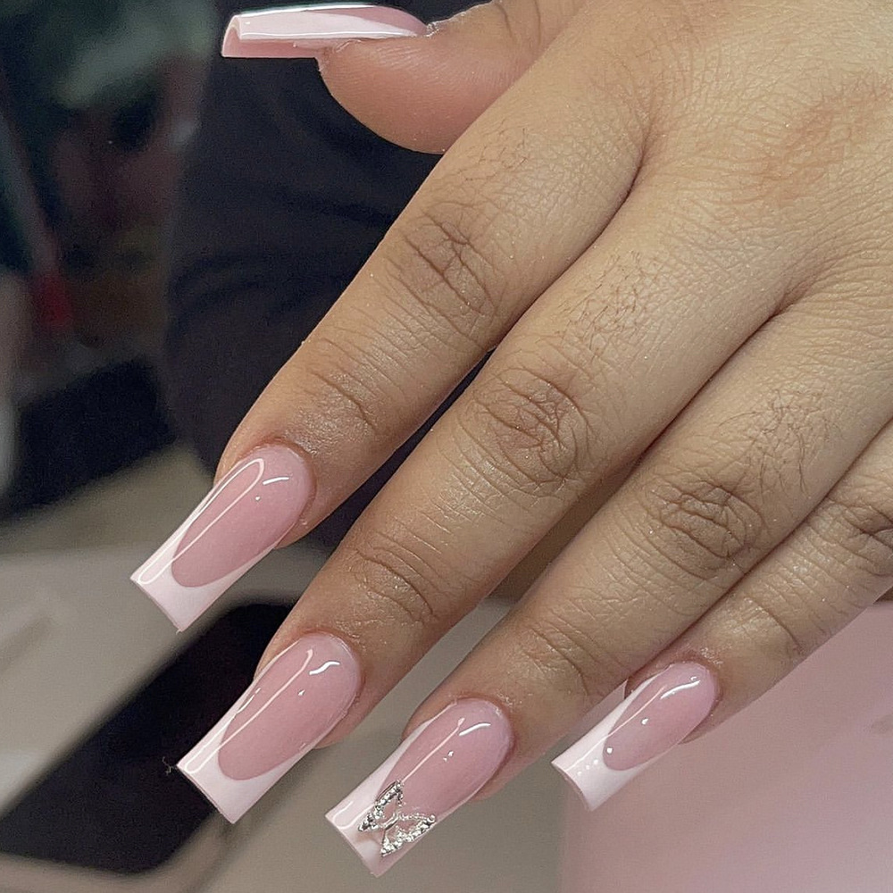 跨境粉红色穿戴甲片中长水管水钻蝴蝶白色法式边假指甲贴片nails