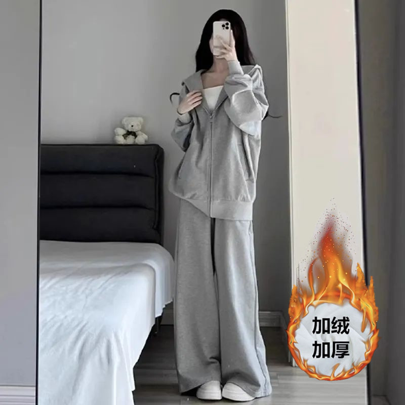 宽松显瘦运动服套装女秋冬季加绒加厚拉链连帽卫衣休闲两件套跑步