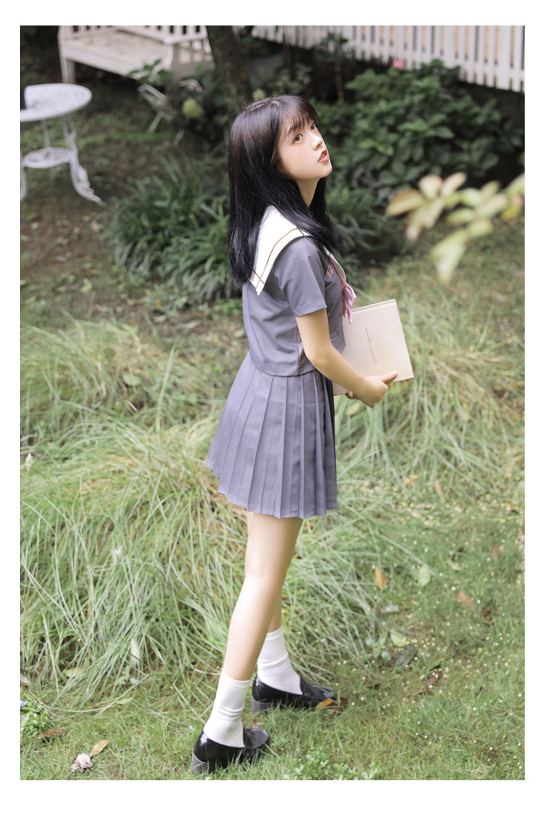 山樱日本学生班校服jk制服正统软妹灰粉刺绣水手服长短袖套装夏女