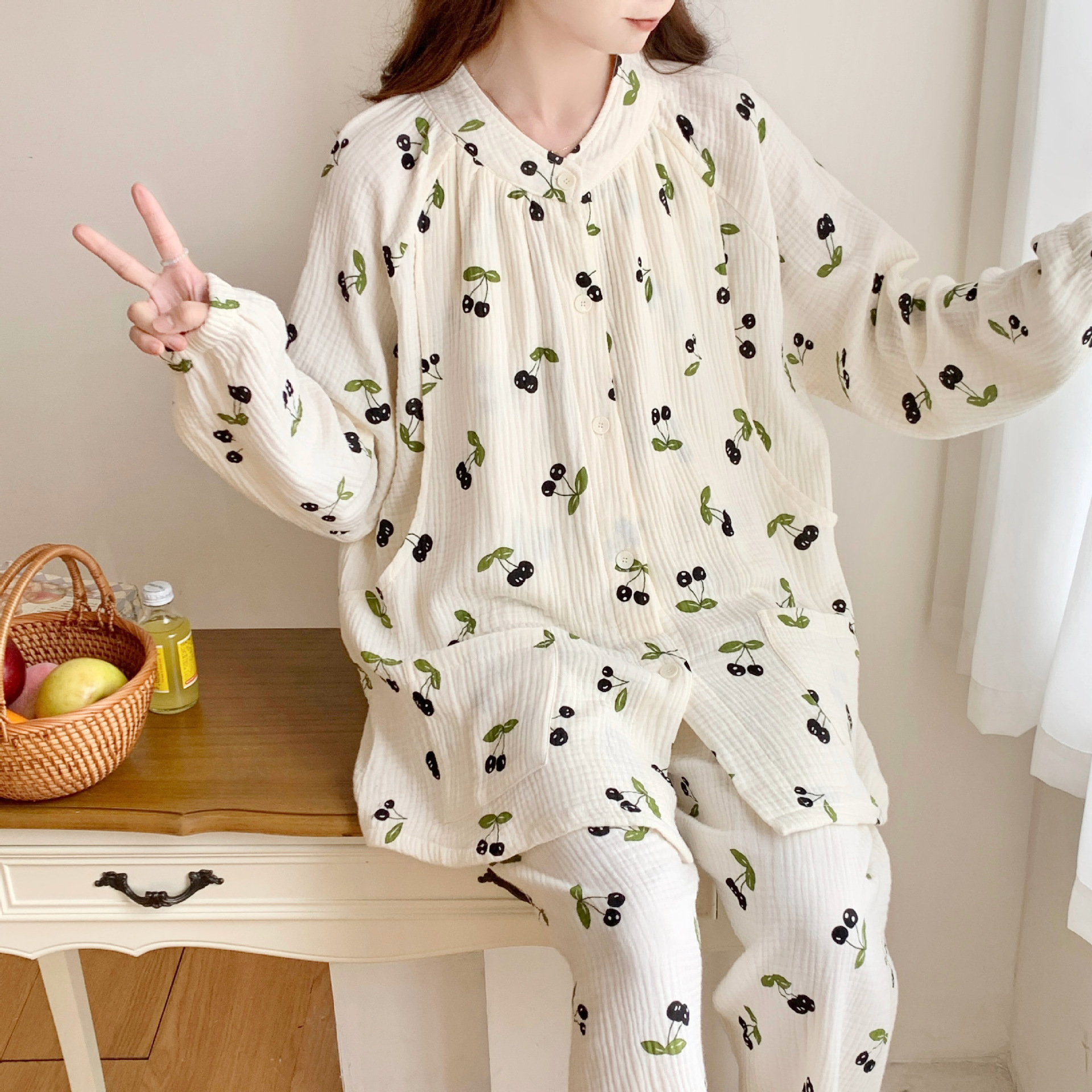 Confinement Clothing Pure Cotton Class a Cotton Yarn Sweat-Absorbent Breathable Spring and Summer Maternity Pajamas Summer Breastfeeding Clothing Spring and Autumn Suit Wholesale