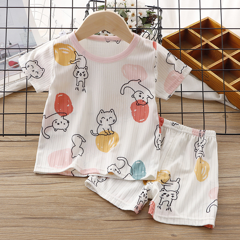 Children's Summer Clothes Baby Ice Silk Short Sleeve Suit Baby Thin Pajamas Boys' Air Conditioning Clothes Girls' Two-Piece Suit Summer Baby Clothes