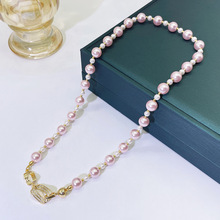 国产施家珍珠串珠项链高级感轻奢混彩项链甜美少女粉饰品锆石扣