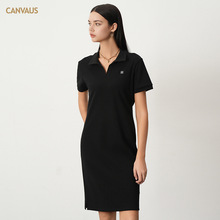 CANVAUS夏季黑色连衣裙女新款棉质套头绣花polo领短袖开叉中腰裙