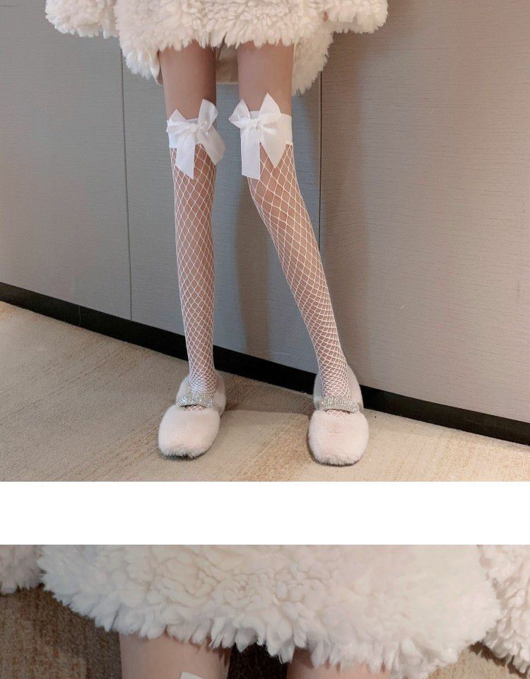 蝴蝶结半截渔网袜夏季薄款洛丽塔过膝袜性感蕾丝大网格丝袜子