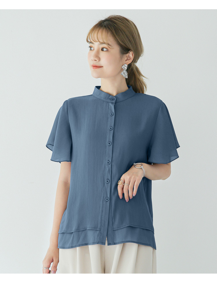 2021夏季新款 宽松百搭立领纯色荷叶边短袖衬衫女士雪纺上衣
