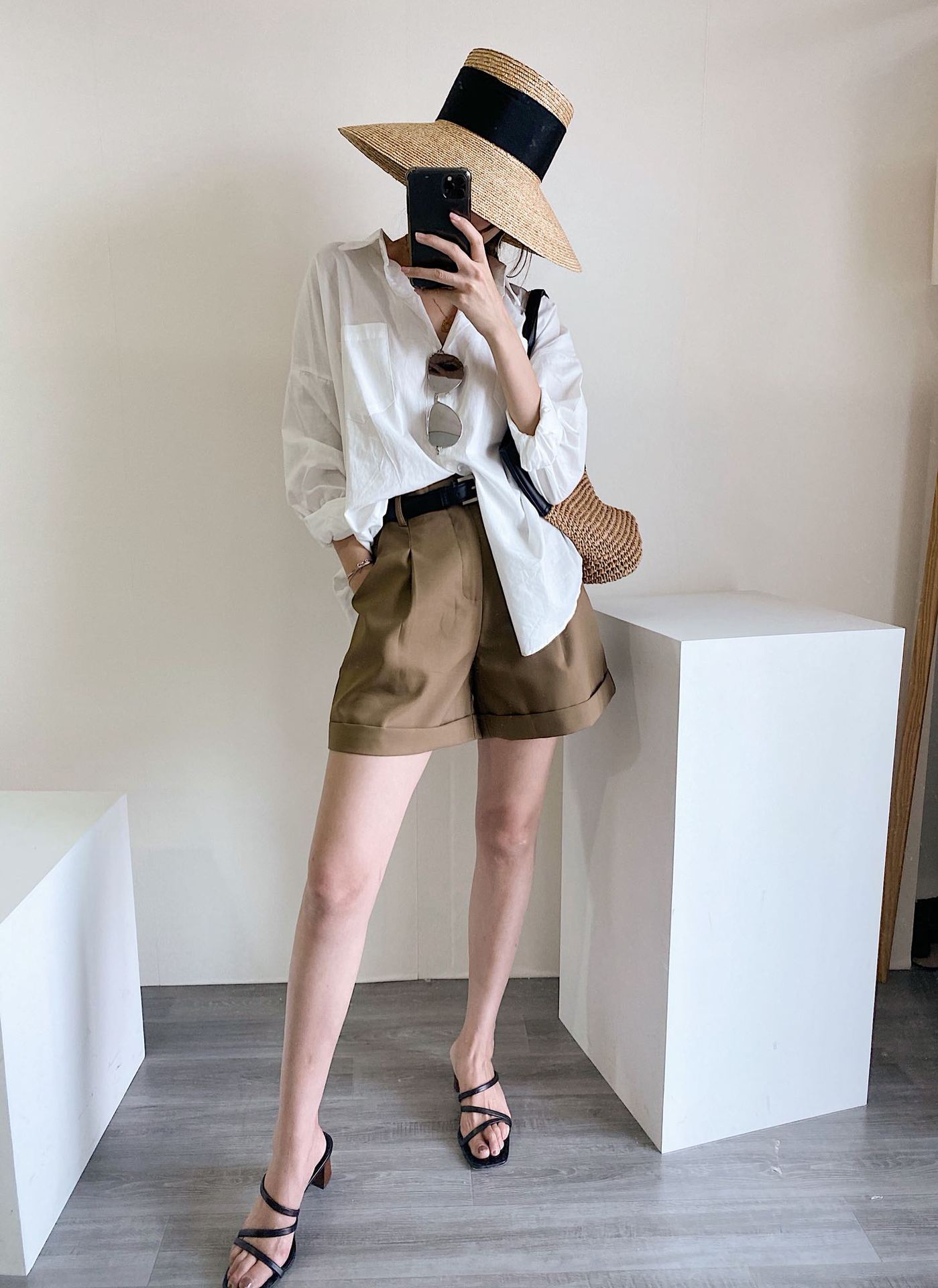 umi米米小姐22春季韩版休闲高腰a字短裤女西装裤工装裤百搭阔腿裤