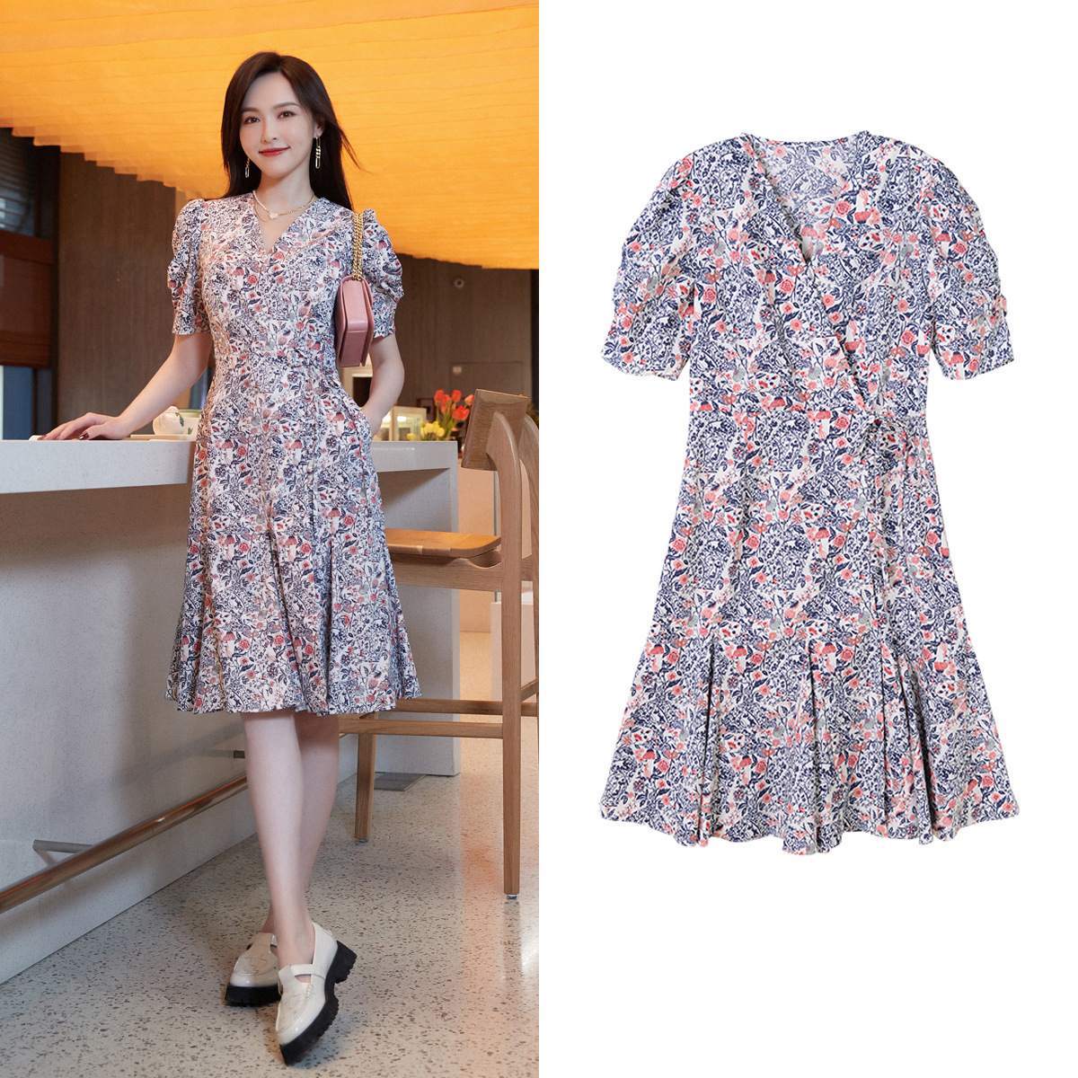 东卓 唐嫣明星同款连衣裙泡泡袖青花国风棉质碎花茶歇裙 4616a