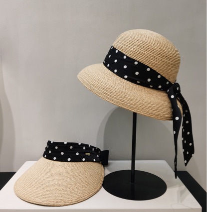 波点蝴蝶结拉菲草帽女海边度假游玩沙滩帽子春夏季草编优雅遮阳帽