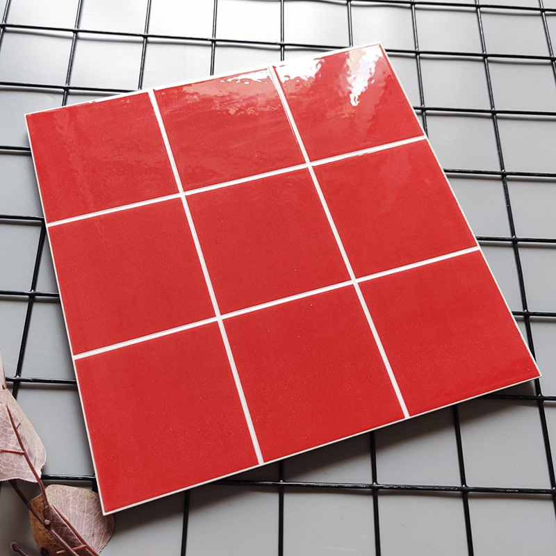 红色九宫格墙砖30x30亮光面纯色格子砖奶茶店餐厅背景瓷砖墙面砖