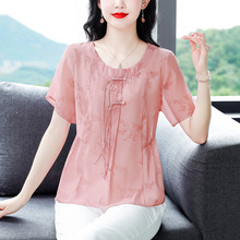 新中式国风夏季新款短袖衬衫女减龄宽松大码小衫遮肚子妈妈A16