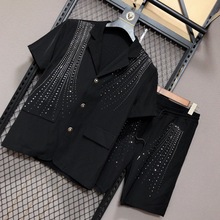 四季新款韩版设计感烫钻短袖西服套装两件套男士痞帅休闲西装