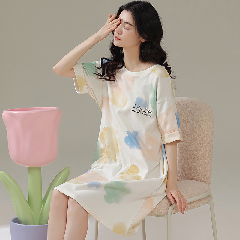 Wholesale Women's Nightdress Summer Cotton Short Sleeve Thin 2023 New round Neck Pajamas Skirts Summer Home Wear