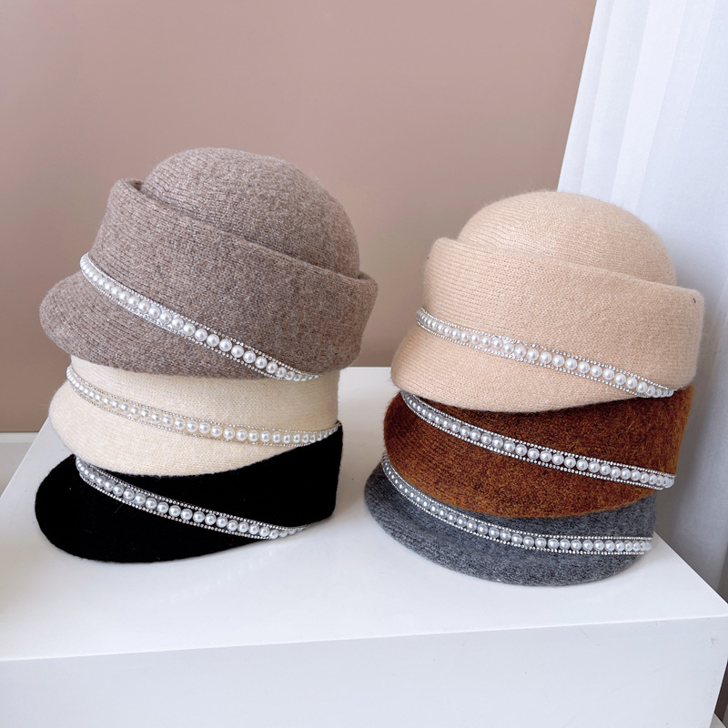 日系混羊毛马术帽子女秋冬保暖针织帽水钻珍珠链骑士帽纯色鸭舌帽