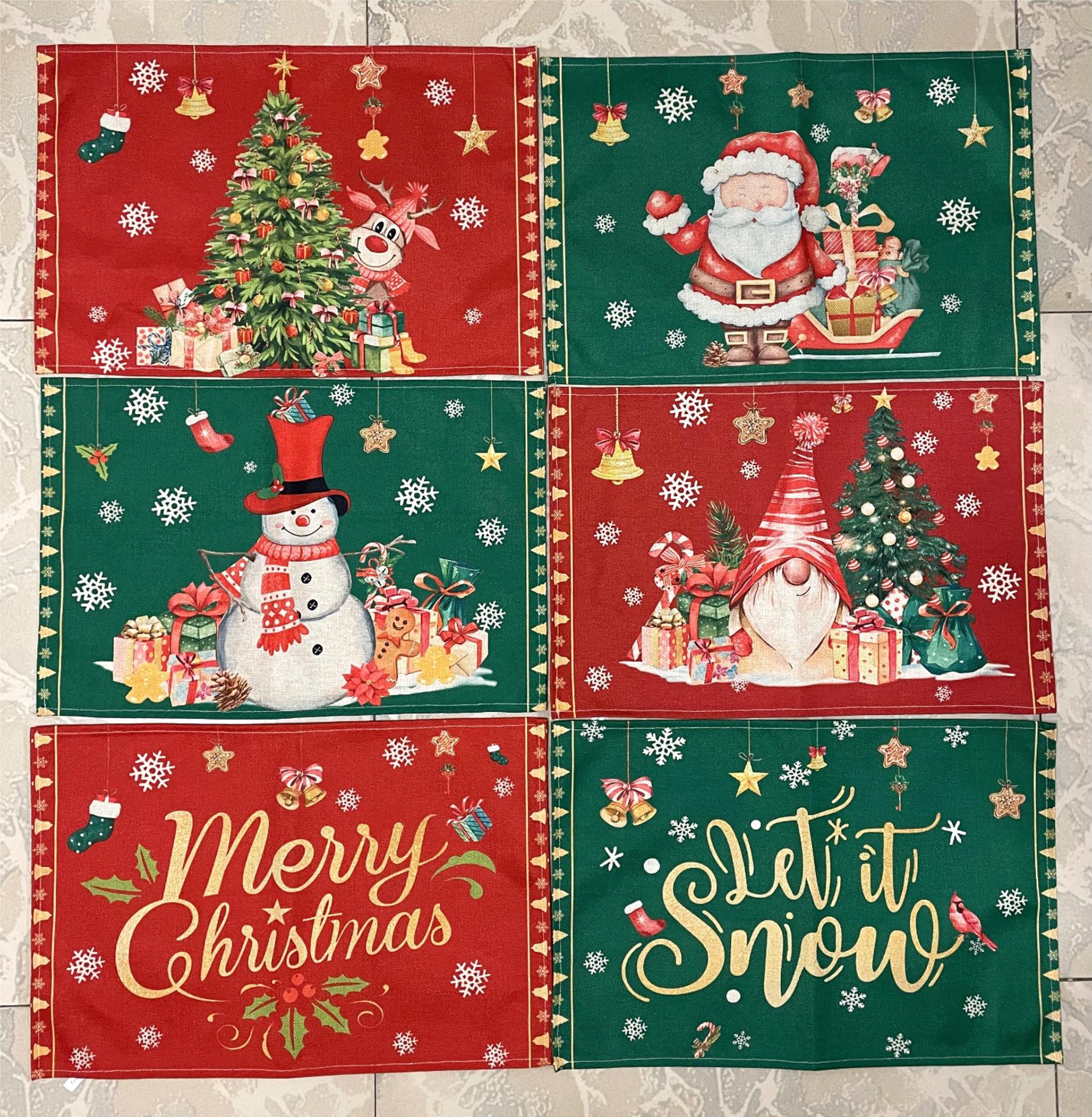 Christmas Dining Table Cushion Linen Placemat Heat Insulation Anti-Scald Christmas Printing Western Table Runner Mat Dining Table Decorations