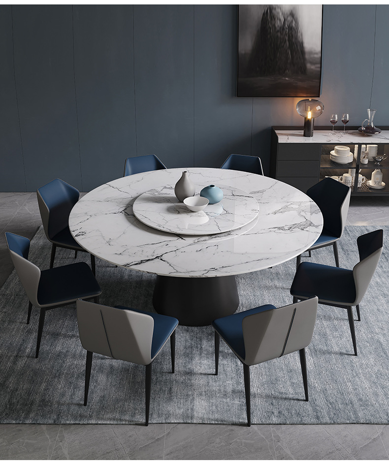 大理石圆形餐桌椅组合家用 小户型酒店圆餐桌带转盘1.8米岩板饭桌