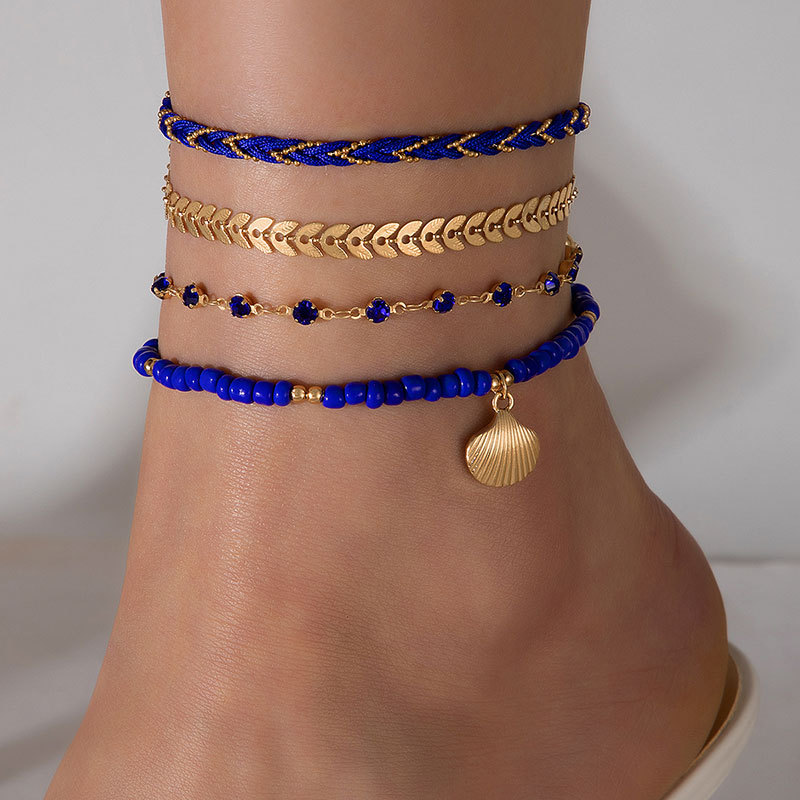 Europe and America Cross Border Ornament Rice-Shaped Beads Stringed Beads Braid Rope Shell Four-Layer Anklet Geometric Diamond Leaf Multi-Layer Foot Ornaments Suit