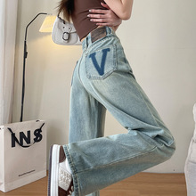 高腰窄版直筒牛仔裤女2024年春夏新款浅色设计感小个子阔腿裤