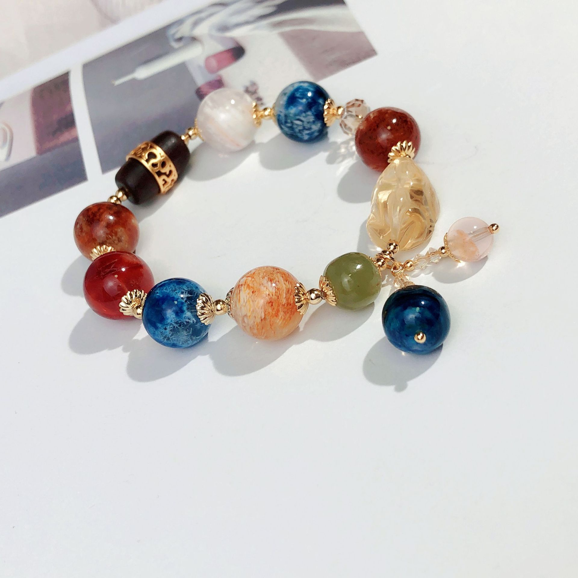 彩色雪花幽灵石手链单圈黄水晶和田玉桶珠奥地利水晶手串手工饰品