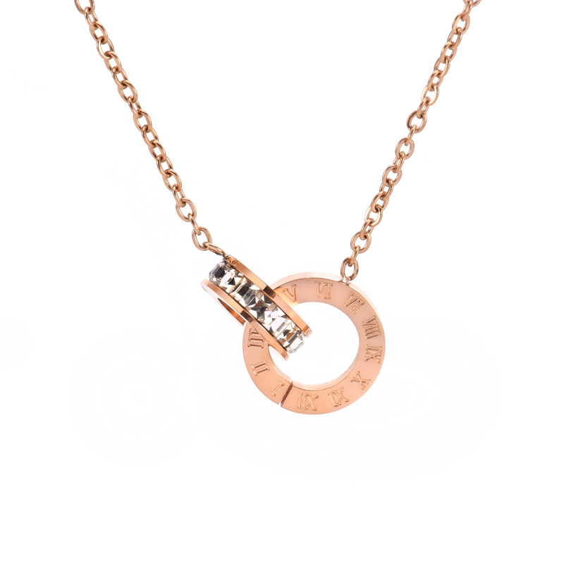 Roman Double Ring Rose Gold Titanium Steel Necklace Pendant Female Niche Simple and Light Luxury Design Clavicle All-Matching Item