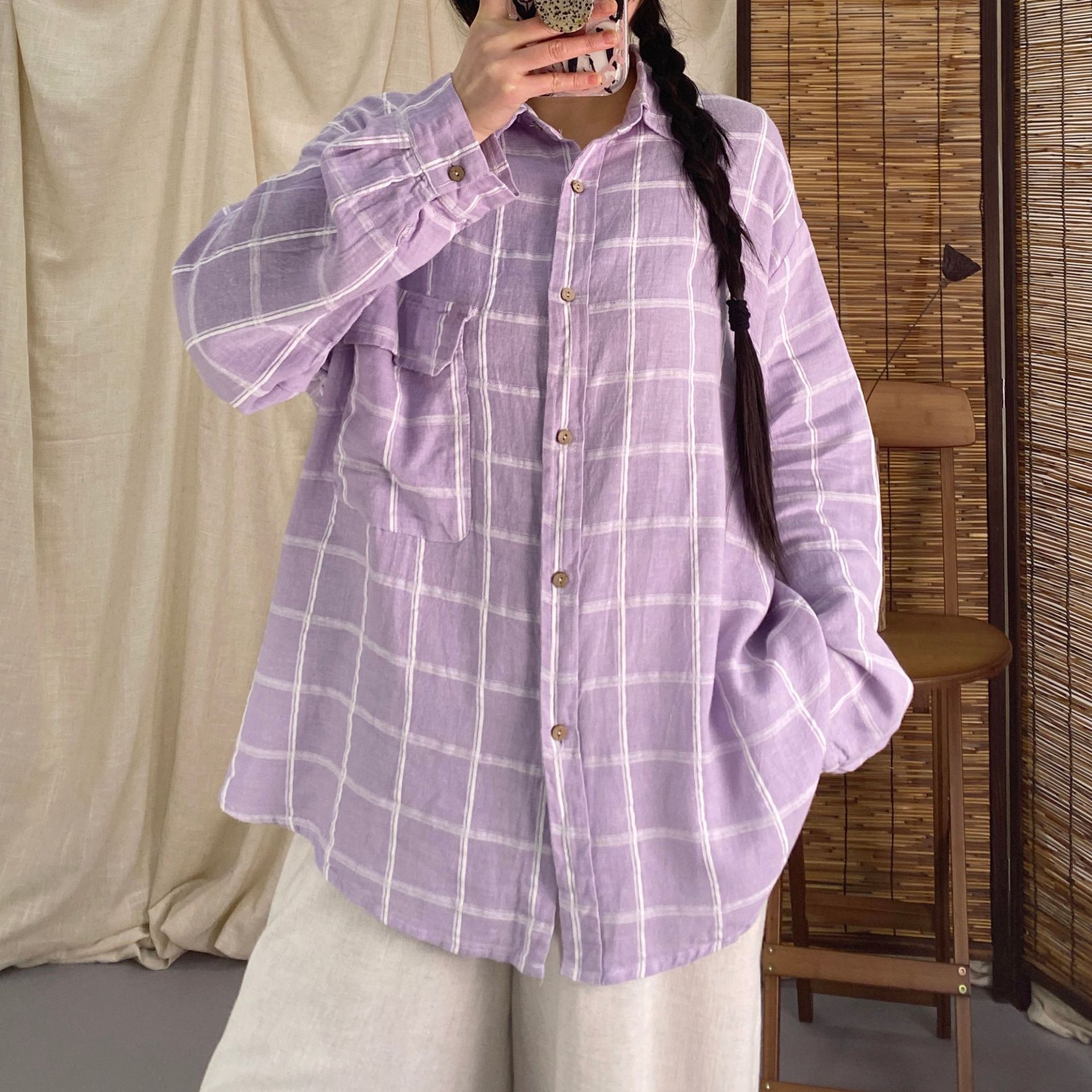 2024春季新款全棉格子衬衫女文艺翻领长袖宽松大码中长款衬衣