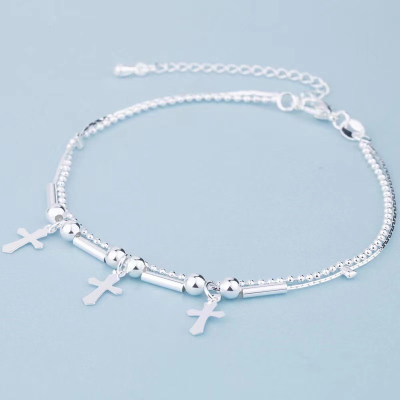 潮小白s925银十字架手链女韩版小清新简约镀银圆管圆珠双层手链