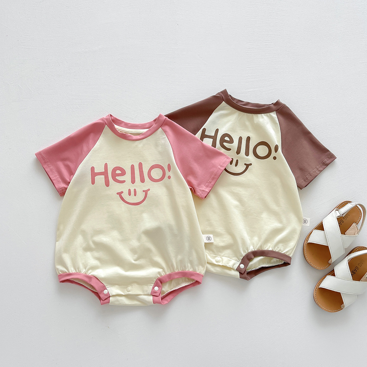 婴儿衣服夏装薄款男女宝宝连体衣新生儿撞色短袖满月百天三角哈衣