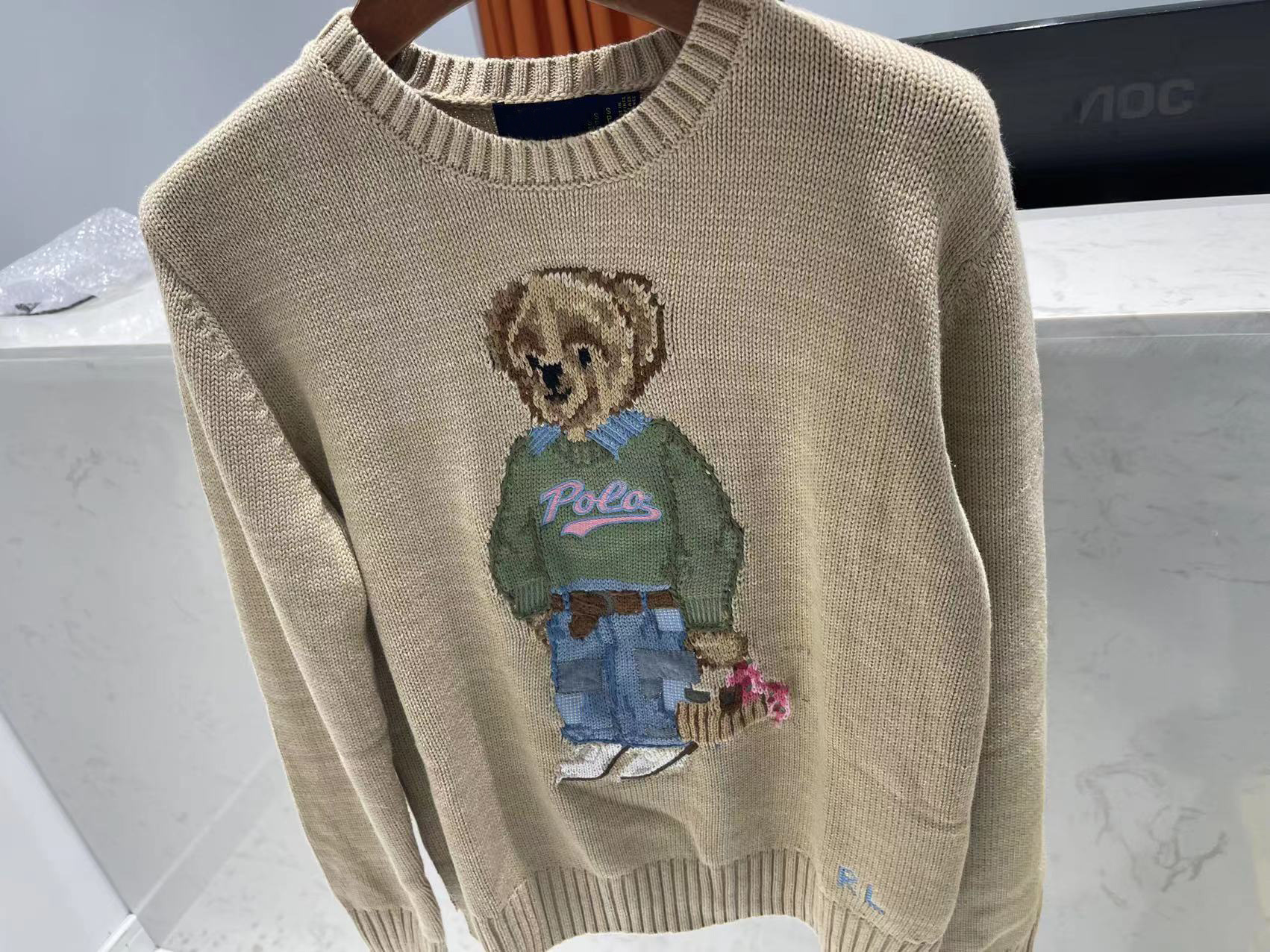 拉夫劳伦小熊提花毛衣女早秋新款圆领刺绣图案针织衫上衣保罗精品