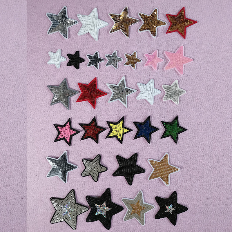 星星五角星绣花标儿童衣服辅料刺绣补丁白色亮片星星刺绣布贴批发