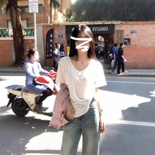 白色短袖t恤女夏新款百搭设计感小众宽松显瘦纯棉v领正肩辣妹上衣