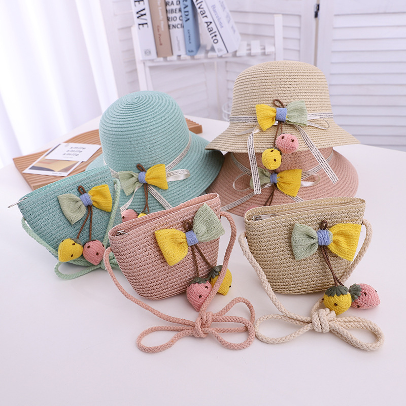 Spring and Summer New Children's Straw Hat Bag Set Girl Cute Flowers Travel Sun Hat Parent-Child Beach Hat