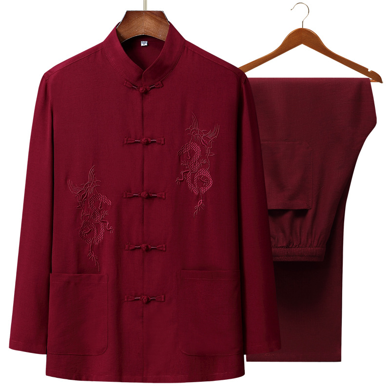 唐装男长袖套装中式棉麻刺绣汉服中老年人爸爸装春秋居士服大码装