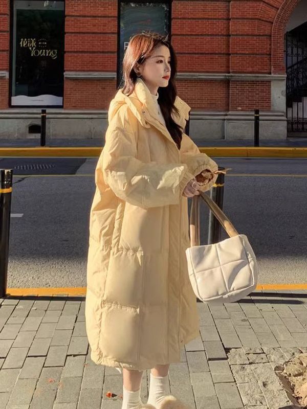 long down jacket women‘s 2024 winter new elegant hooded thickened over-the-knee small cotton-padded coat for women
