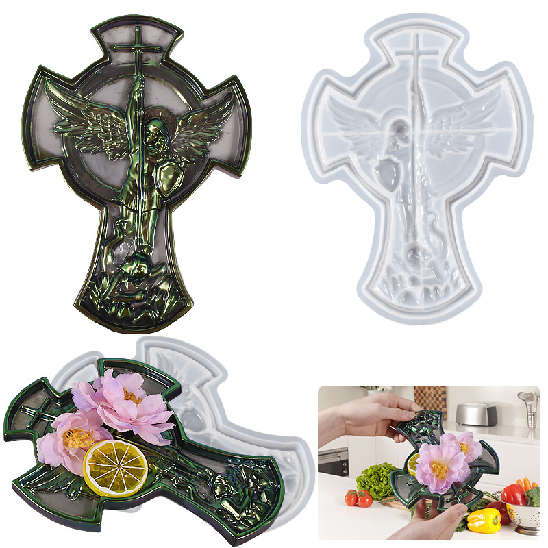 DIY Epoxy Resin Plaster Angel Mike Statue Hanging Cross Storage Dish Silicone Mold