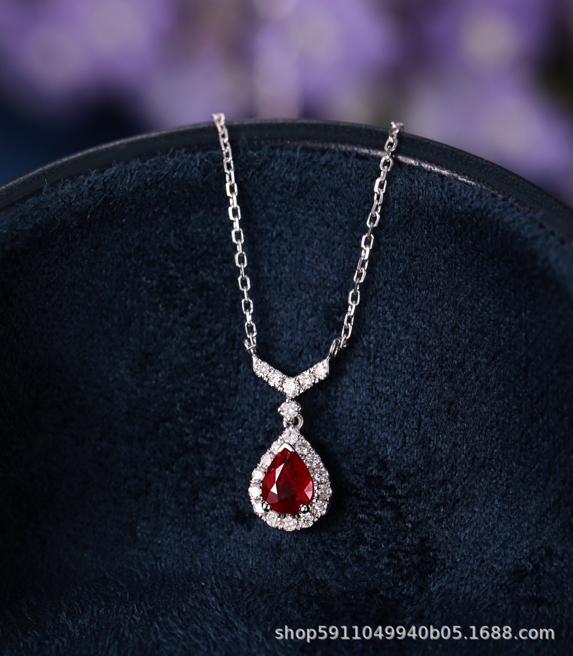 水贝彩宝展厅一件代发18k红宝石水滴项链au750金天然钻石v型吊坠