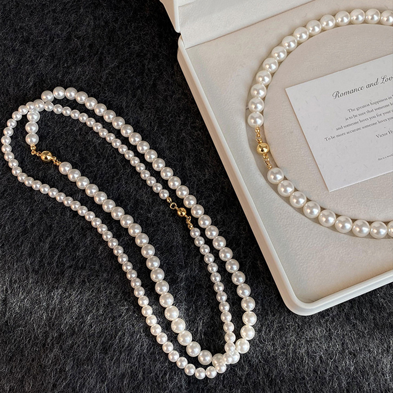 French Vintage Pearl Beaded Magnetic Necklace Fashion Twin Clavicle Chain Temperament Entry Lux High Sense Necklace Wholesale