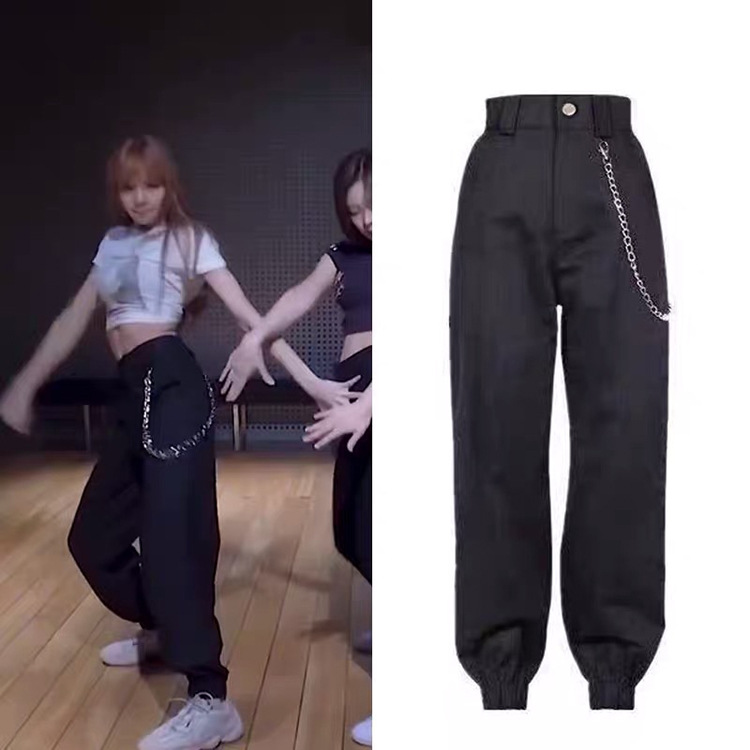 lisa同款九分工装裤女高腰束脚嘻哈运动裤子blackpink爵士舞蹈服