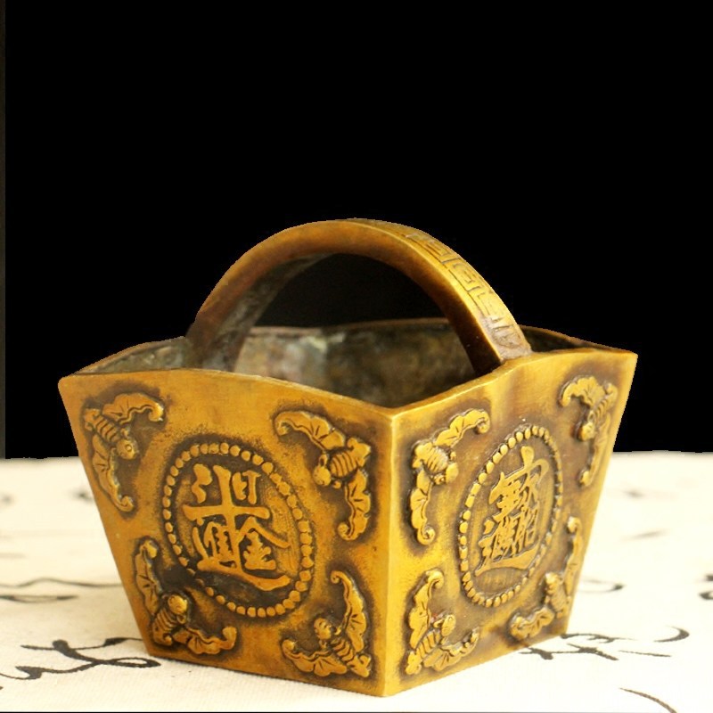 黄铜纯铜仿古聚宝盆米斗摆件日进斗金风水摆件催财家居装饰品
