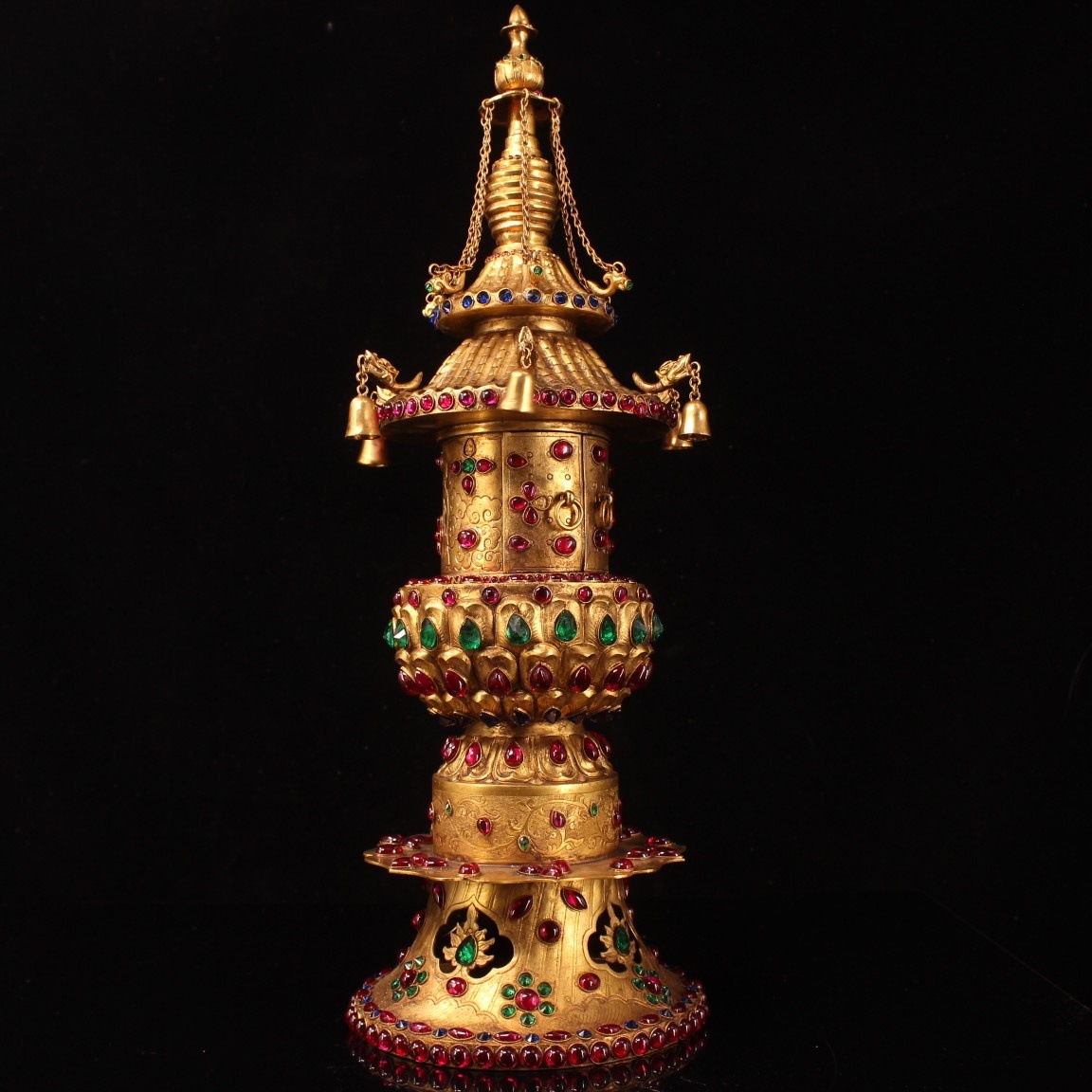 古玩古董收藏 清代宫廷御用摆放打造镶嵌宝石鎏金佛塔 老物件
