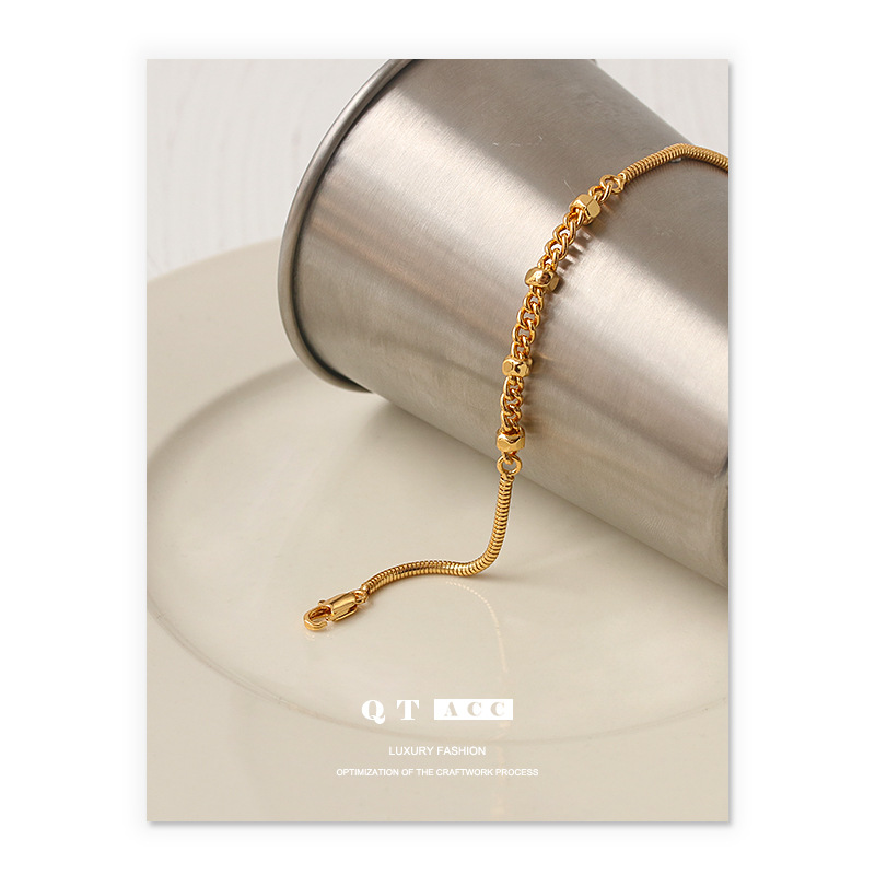 Brass Plated 18K Real Gold Ins Simple Style Design Nut Shape Snake Bones Chain Stitching Bracelet Female