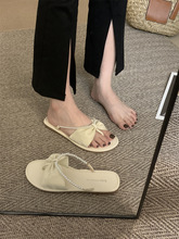 仙女风凉拖外穿女鞋子2023年春夏新款软平底蝴蝶结珍珠白色拖鞋