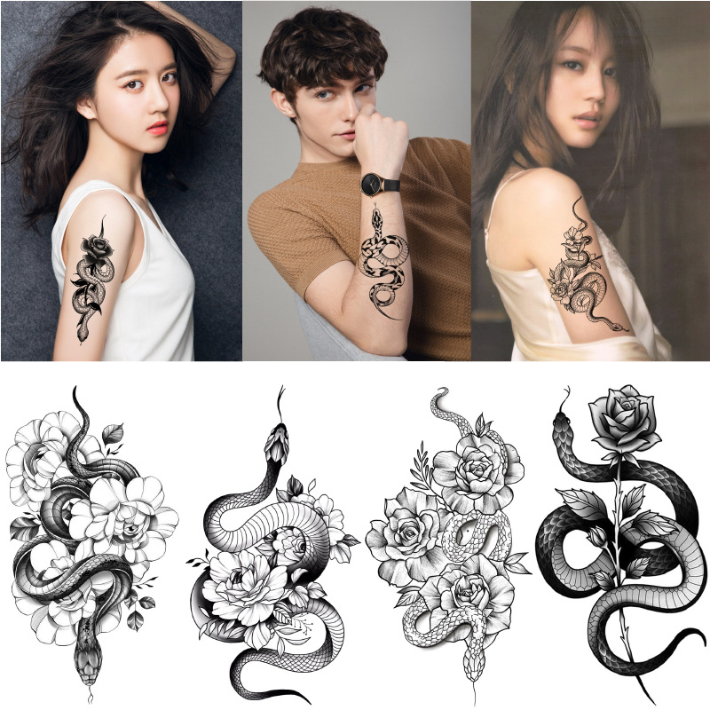 new flower snake tattoo stickers men‘s and women‘s black trendy cool dark personality flower arm waterproof men‘s and women‘s tattoo stickers