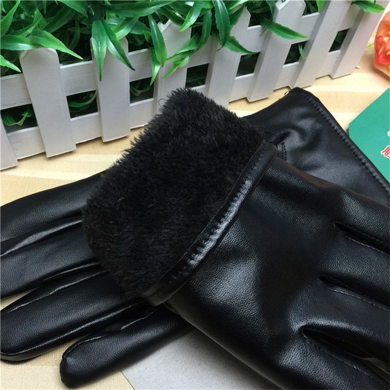 Men's and Women's Winter Warm Leather Gloves Wholesale Cycling Thickened Fleece-Lined Trendy Black New Touch Screen Pu Leather Gloves