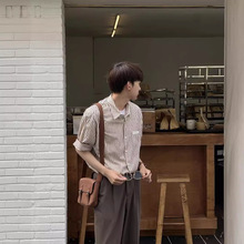 韩系男士夏季时尚宽松潮流感百搭ins风休闲条纹衬衫衬衣短袖