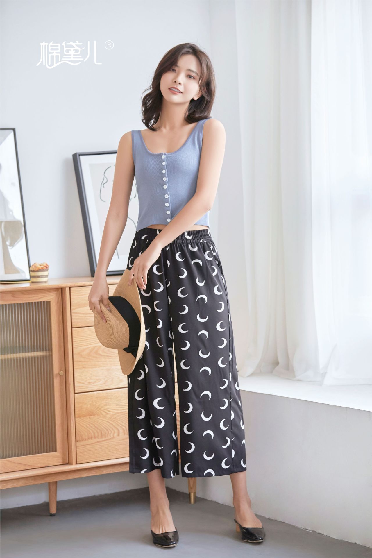 棉黛儿女士棉绸阔腿裤夏季薄款人造绵印花睡裤大码宽松可穿单裤