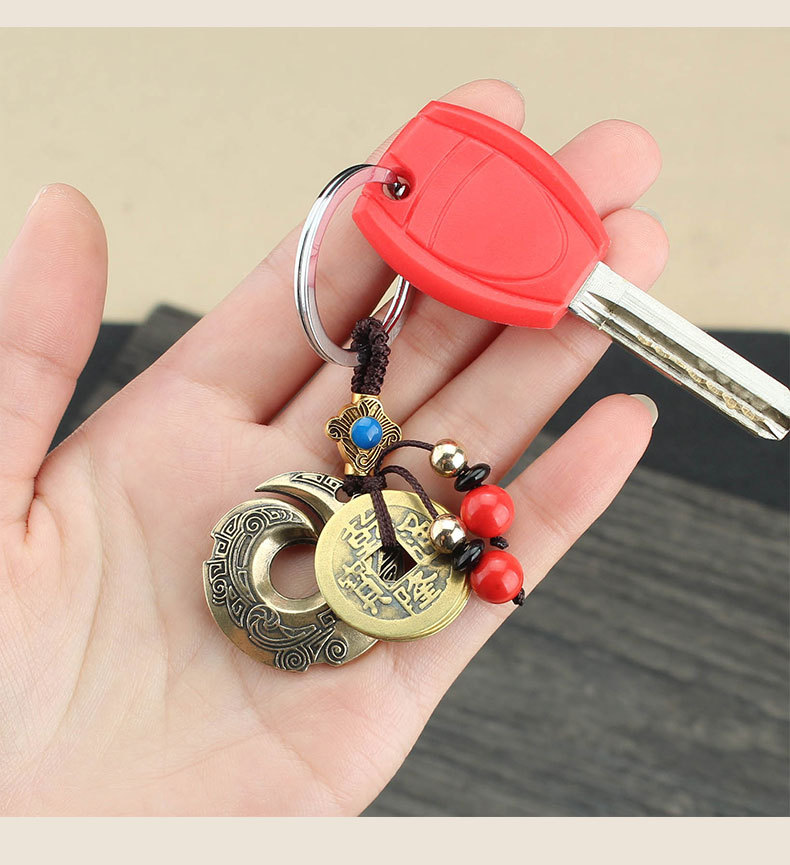黄铜时来运转钥匙扣龙勾钥匙包挂件三帝仿古铜钱复古直播景区饰品