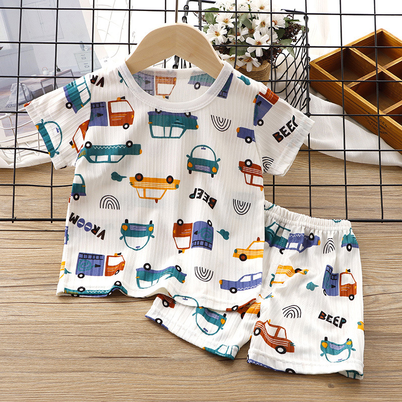 Children's Summer Clothes Baby Ice Silk Short Sleeve Suit Baby Thin Pajamas Boys' Air Conditioning Clothes Girls' Two-Piece Suit Summer Baby Clothes