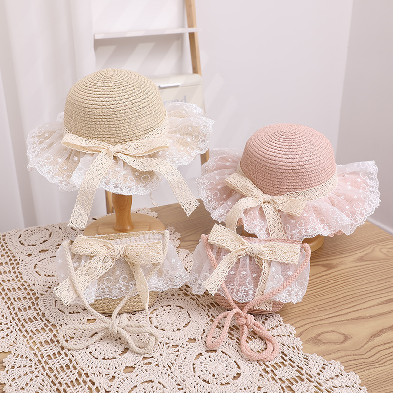 Popular Lace Hat Summer Sun-Shade Fisherman Hat Straw Hat Bag Set Children Princess Hat Girls Beach Straw Hat